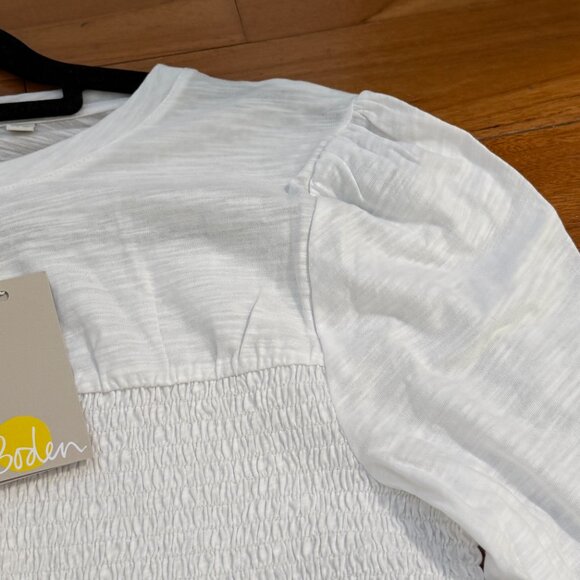 Boden Womens White Smocked Bodice Cotton Puff Sleeve Cropped Top Size Large - Picture 6 of 8